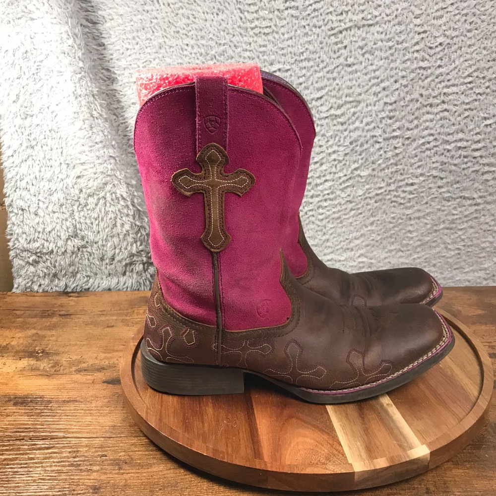 Ariat Crossroads Boots Girls 5.5 Womens 7 Fuschia Suede Cross Embellish Cowgirl